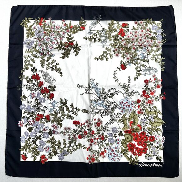 Vintage Hercolani Scarf Floral 30in Nylon Bandana Wrap Handkerchief White/Blue - Picture 1 of 8